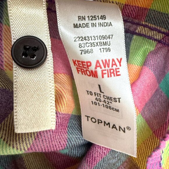 TOPMAN Mens Shirt Large Colorful Check Long Sleeve Button Up Cotton Modern - Picture 9 of 9